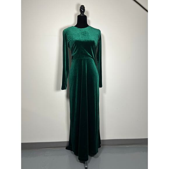 Emerald Green Velvet Maxi Dress Long Sleeves Fall Wedding Guest, Modest size S - Picture 1 of 10